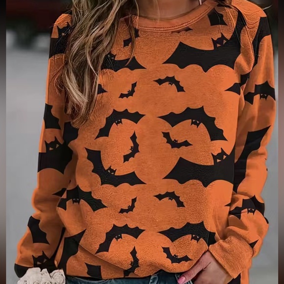 Tops - Plus Size Halloween Orange Long Sleeve Shirt with Bats